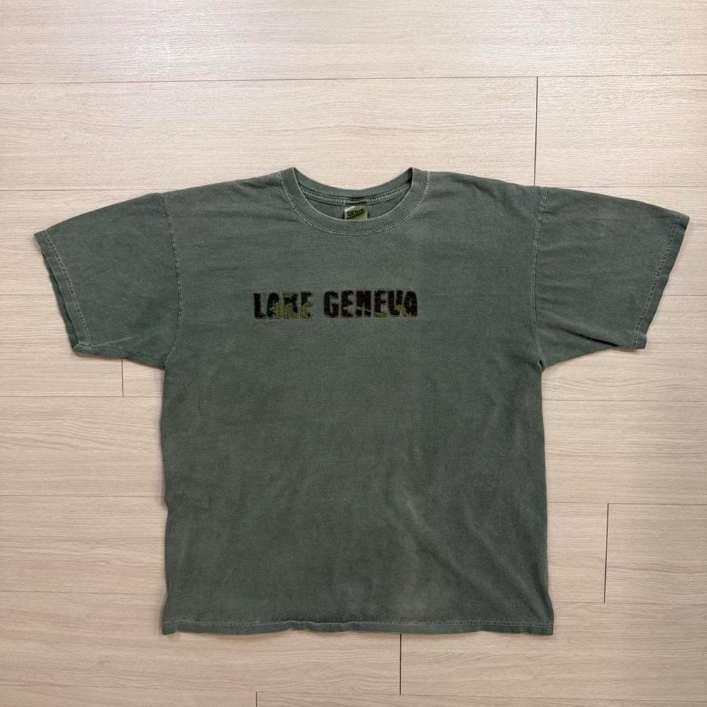 Y2K Lake Geneva Camouflage Green Short Sleeve Shirt Mens Size XL